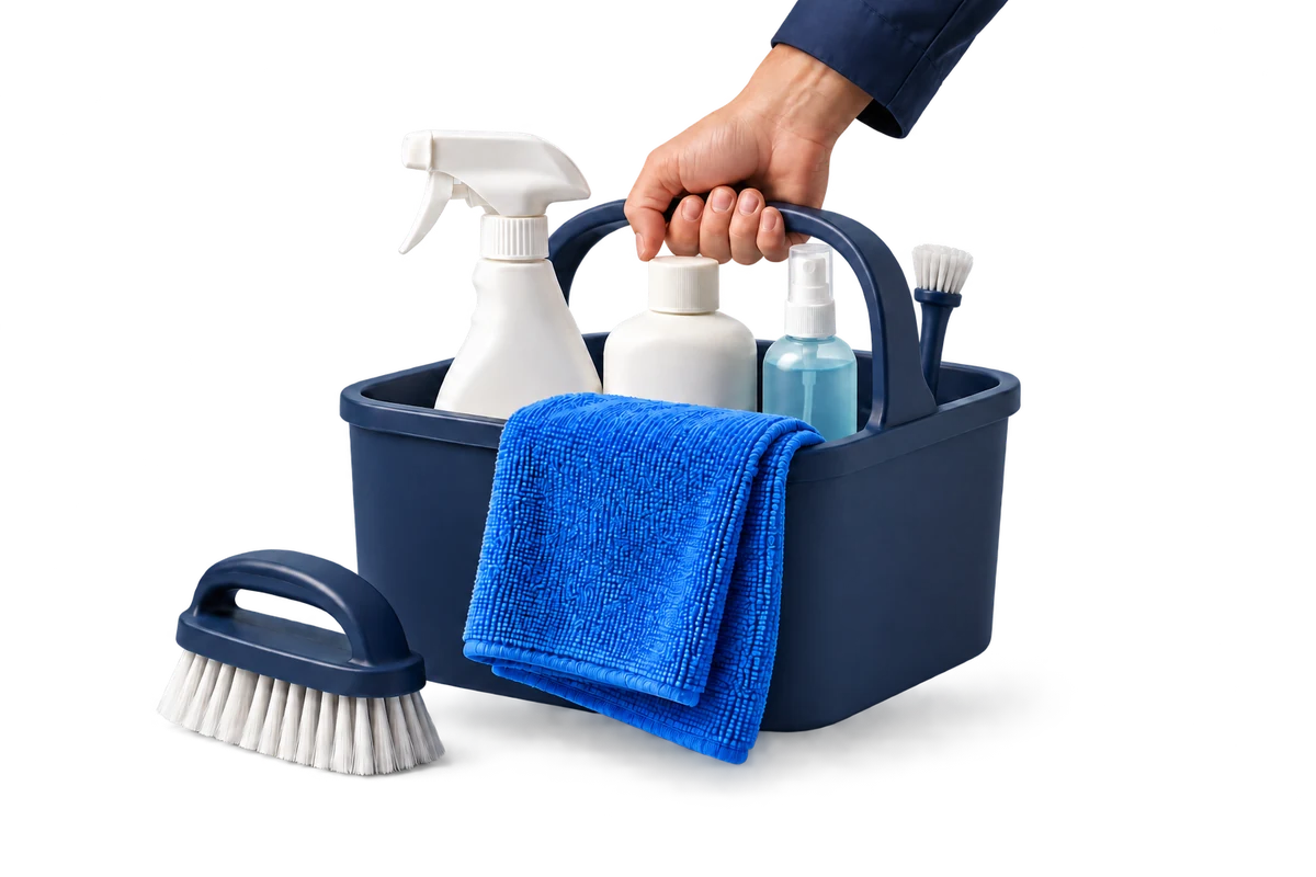 Illustrative cleaning kit held by a hand